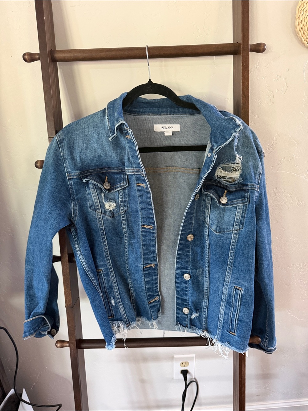 Zenana Outfitters Medium Blue Distressed Denim Jacket